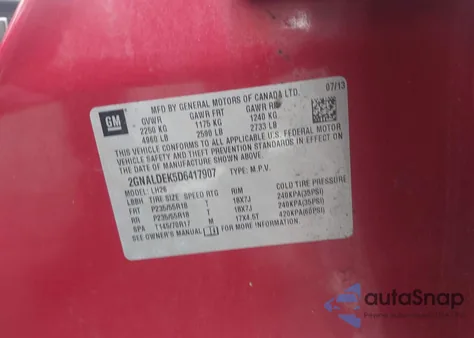 2013 Chevrolet Equinox 1Lt from USA, damaged, VIN 2GNALDEK5D6417907